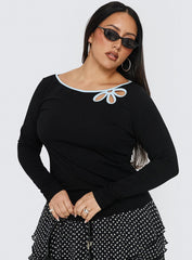 Double Back Floral Cut Out Long Sleeve Top Black Curve