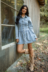 My Favorite Stretchy Medium Wash Long Sleeve Button Front Mini Dress FINAL SALE