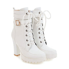 Buckle Lace-Up High Heel Low Boots