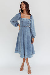 Jeanie Long Sleeve Midi Dress Denim Blue