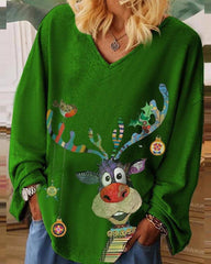 Christmas Elk Print Long Sleeve Casual Top
