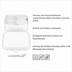 Produktdetails der Mepal Campus Bento Brotdose Groß mit zwei herausnehmbaren Bento-Einsätzen, Gabel sowie Hinweisen zur einfachen Nutzung und Reinigung