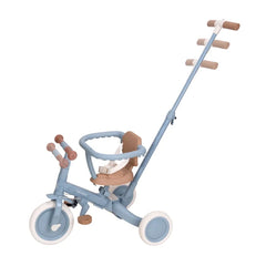 Tricycle 4-in-1 in Blau als Schiebedreirad mit Schubstange, Sicherheitsring und 5-Punkt-Gurt für Kinder ab 1 Jahr. Das mitwachsende Kinderfahrzeug bietet maximale Sicherheit, hohen Fahrkomfort und begleitet Kinder vom Schiebedreirad bis zum Laufrad.