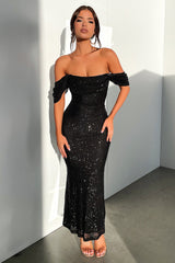 Nara Off Shoulder Sequin Maxi Dress - Black