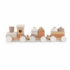 Geschenk zur Taufe – Label Label Stapelzug aus Holz in Nougat in der Originalverpackung