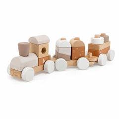Geschenk zur Taufe – Label Label Stapelzug aus Holz in Nougat mit stapelbaren Bausteinen