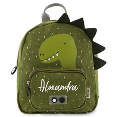 Trixie Rucksack klein Herr Dino personalisiert mit Namen – grüner Kinder-Rucksack mit Dinomotiv und praktischem Brustgurt