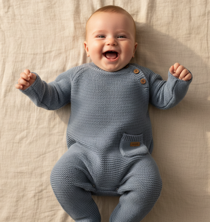 Weicher Strickstrampler in Blau fuer Babys mit hohem Tragekomfort, ideal fuer Alltag, Ausfluege und besondere Momente