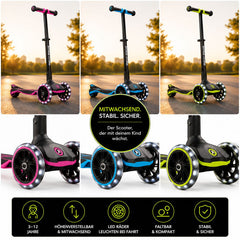 Mitwachsender Kinderroller mit LED-Rädern in Pink, Blau und Grün als Collage – stabiler Scooter für Kinder von 3 bis 12 Jahren mit höhenverstellbarem Lenker und klappbarer Funktion