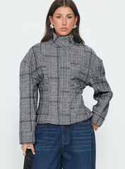 Cathrine Cinched High Neck Jacket Grey Plaid