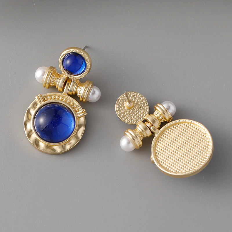 Retro Circle Gemstone Pearl Earrings