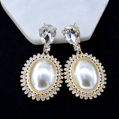 Pre Order:  Big Oval Pearl Crystal Long Drop Earrings