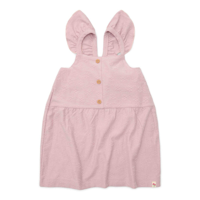 Ärmelloses Little Dutch Kleid Lilac in Flieder mit Schulter-Rüschen und Knöpfen in Holzoptik