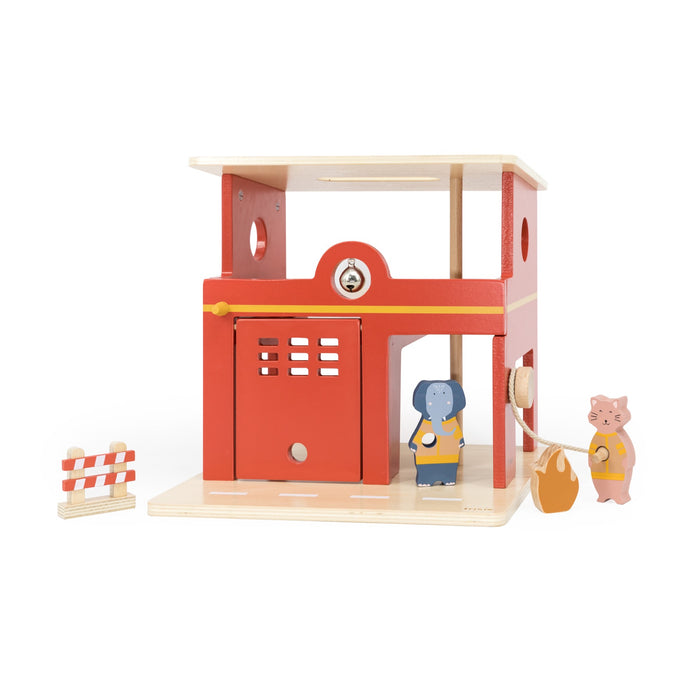 Trixie Feuerwache aus Holz mit Tieren – mehrfarbiges Rollenspielzeug mit Feuerwehrstation, Tierfiguren und Rettungszubehör für Kinder