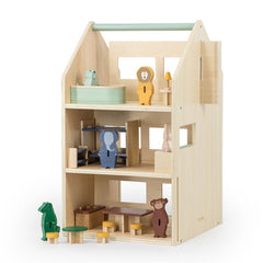 Holz-Spielhaus mit Zubehör von Trixie – nachhaltiges Puppenhaus mit drei Etagen, sechs Tierfreunden und Möbeln für Rollenspiele
