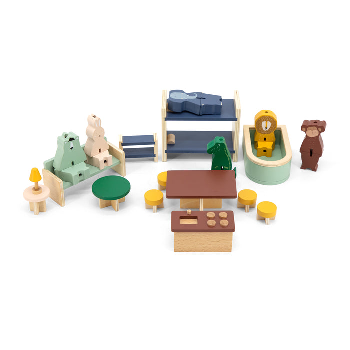 Trixie Holz-Puppenhaus mit Zubehör – Spielhaus mit sechs Tierfreunden und 13 Komponenten für fantasievolle Rollenspiele ab 3 Jahren