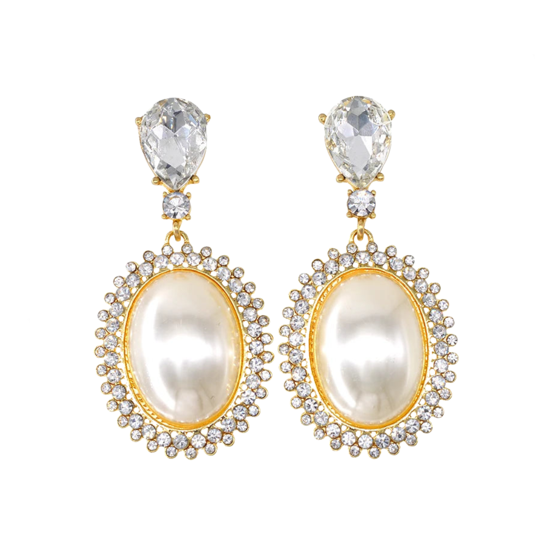 Pre Order:  Big Oval Pearl Crystal Long Drop Earrings