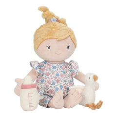 Kuschelpuppe Rosa mit Tulpen für Mädchen mit Stoffgans und Milchflasche – weiche Stoffpuppe als Geschenk zur Geburt, Taufe oder zum Geburtstag
