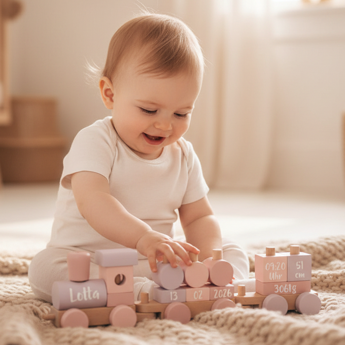 Baby mit personalisiertem small-foot-Holzzug Rosa mit Name und Geburtsdaten