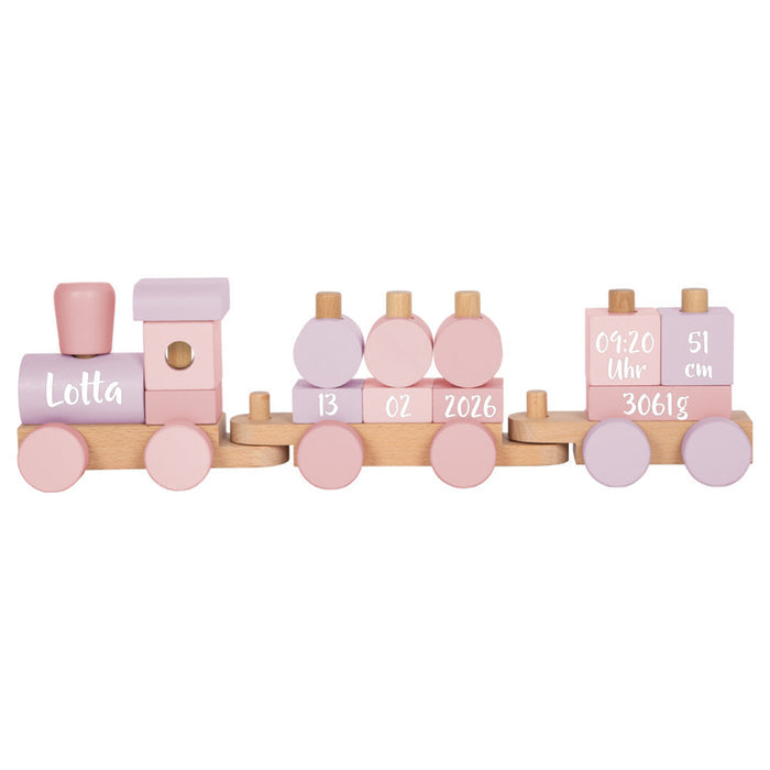 small-foot-Holzzug Rosa mit Name und Geburtsdaten auf hellem Hintergrund
