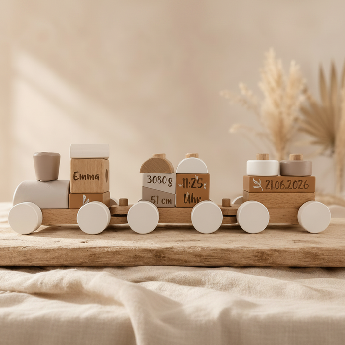 Personalisierter Holzzug zur Geburt mit Name & Geburtsdaten – Nougat