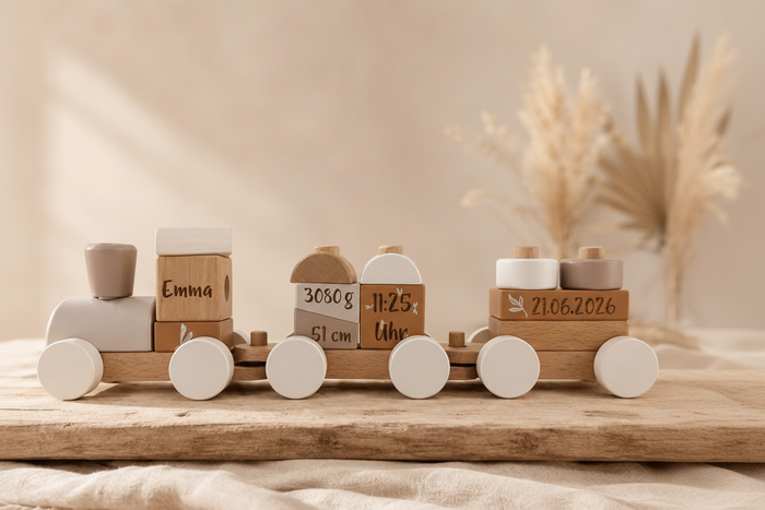 Personalisierter Holzzug als Geschenk zur Geburt mit Name Emma, Gewicht 3080 g, Größe 51 cm, Geburtszeit 11:25 Uhr und Geburtsdatum 21.06.2026