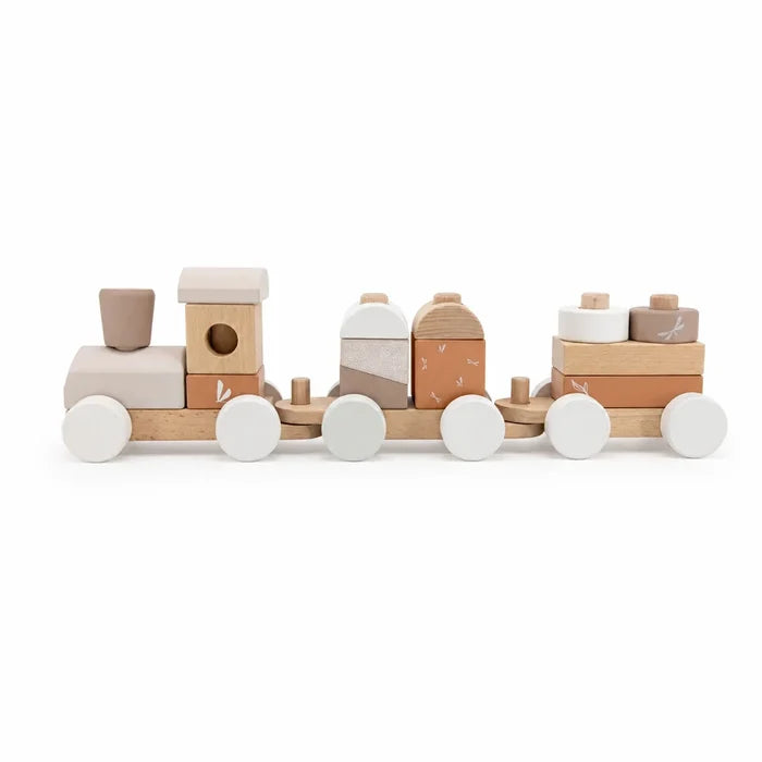 Geschenk zur Taufe – Label Label Stapelzug aus Holz in Nougat in der Originalverpackung
