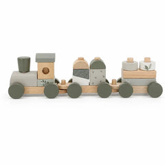 Personalisierter Holzstapelzug in Olivgrün als besonderes Taufgeschenk mit Name und Taufdatum