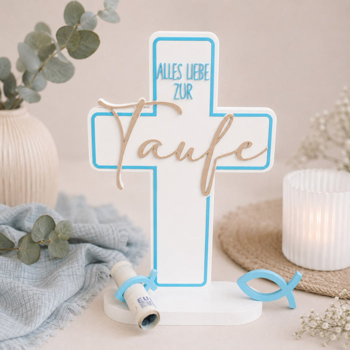 Personalisiertes Taufkreuz in Blau mit Namen ohne Verzierung als Geldgeschenk zur Taufe