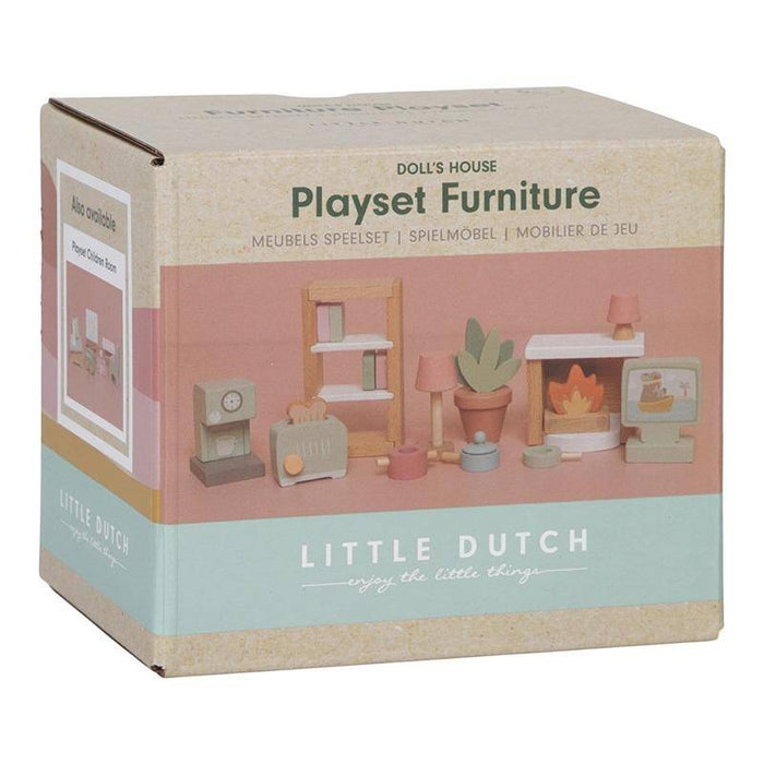 Puppenhaus Möbel Erweiterungsset von Little Dutch – Detailansicht des umfangreichen Holz-Zubehörs für Küche, Wohn- und Schlafzimmer