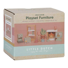 Puppenhaus Möbel Erweiterungsset von Little Dutch – Detailansicht des umfangreichen Holz-Zubehörs für Küche, Wohn- und Schlafzimmer
