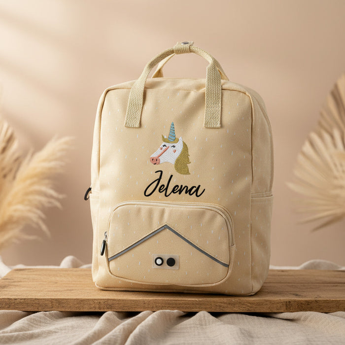 Personalisierter großer Trixie Kinder-Rucksack Frau Einhorn in Hellgelb mit Name – 11-Liter-Rucksack für Schule und Ausflüge