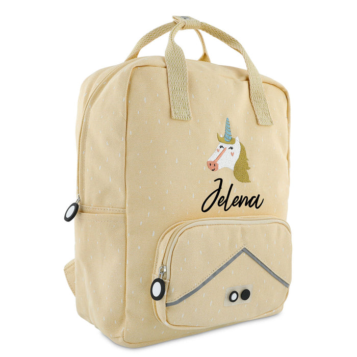 Trixie Rucksack groß Frau Einhorn personalisiert mit Namen – hellgelber Kinder-Rucksack mit A4-Fach, Brustgurt und Einhornmotiv