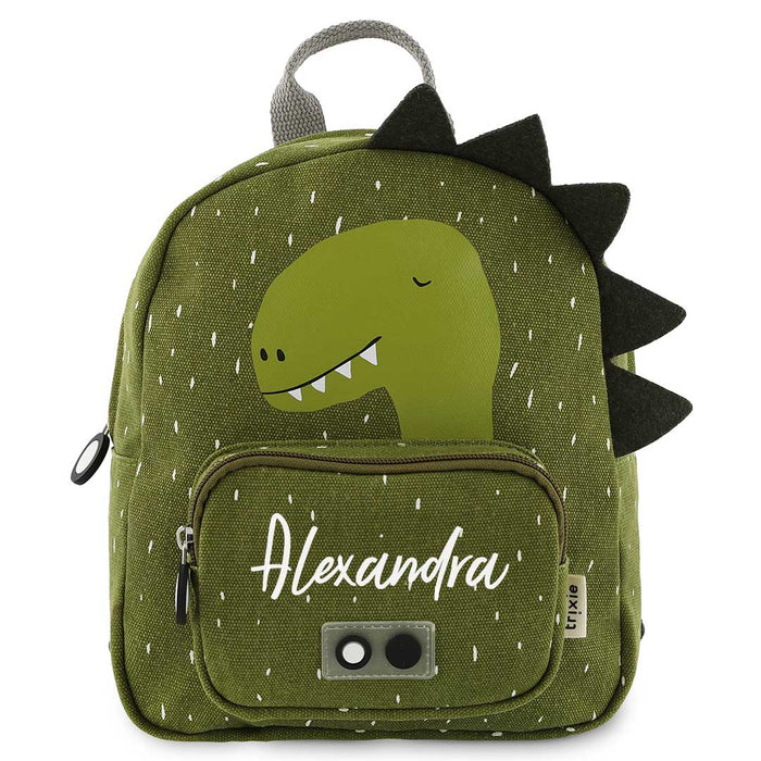 Trixie Rucksack klein Herr Dino personalisiert mit Namen – grüner Kinder-Rucksack mit Dinomotiv und praktischem Brustgurt