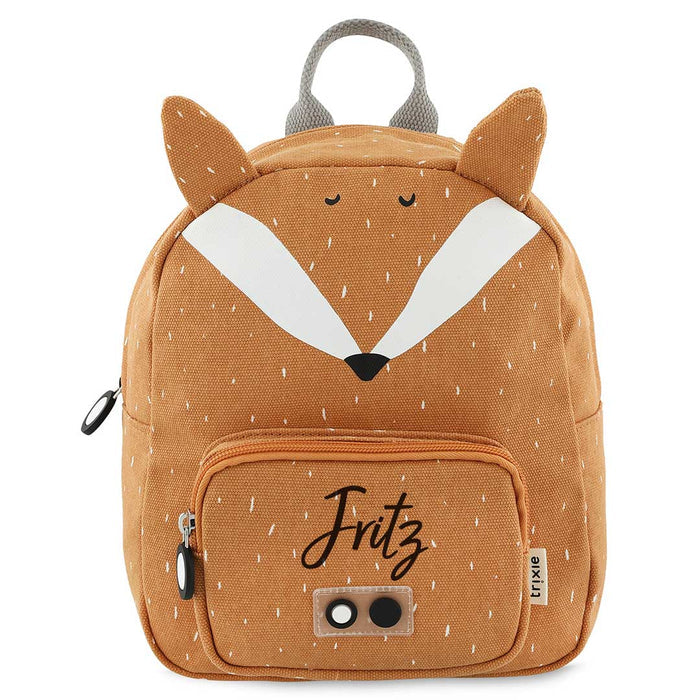 Trixie Rucksack klein Herr Fuchs personalisiert mit Namen – orangefarbener Kinder-Rucksack mit Fuchsmotiv und Brustgurt