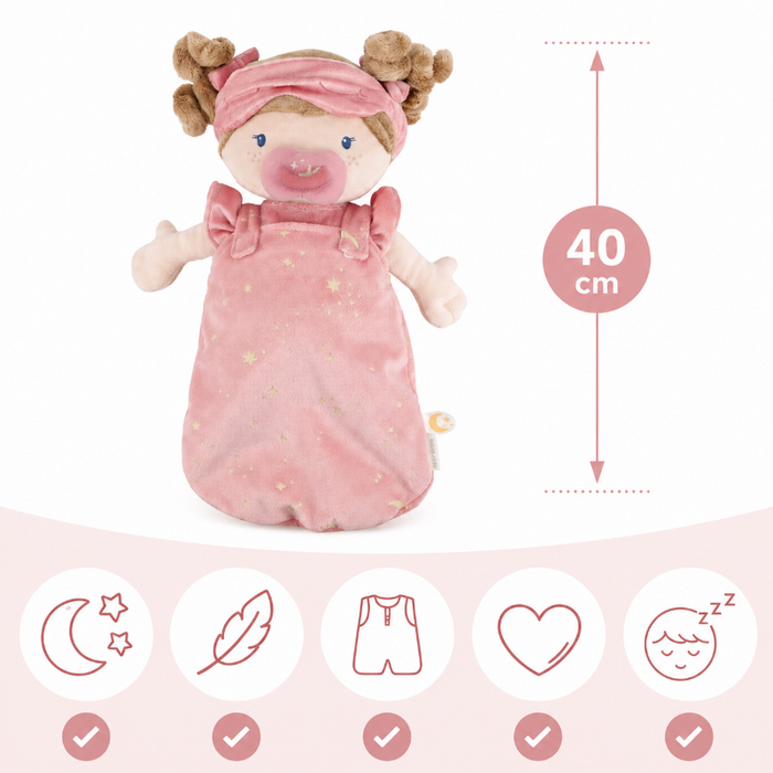Schlafpuppe Rosa als Produkt-Infobild mit 40 cm Maßangabe und großen Icons für Leuchtfunktion, kuschelweichen Körper, ausziehbaren Schlafsack und Einschlafbegleitung