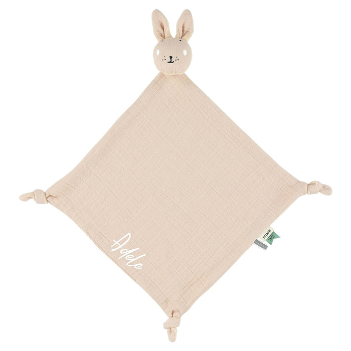 Personalisierbares Trixie Schnuffeltuch Bliss Blossom Frau Hase mit Plott – rosa Musselin-Kuscheltuch als persönliches Babygeschenk