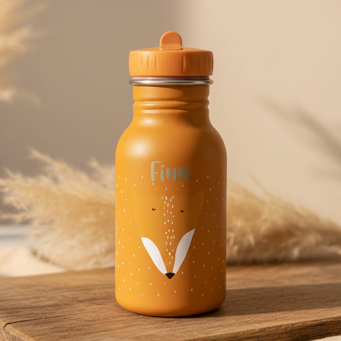 Personalisierte Trixie Trinkflasche Herr Fuchs 350 ml in Orange mit Name – Edelstahl-Kinderflasche für Kita, Schule und Ausflüge