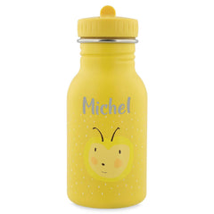 Personalisierte Trixie Trinkflasche Frau Hummel 350 ml in Gelb mit Name – Edelstahl-Kinderflasche mit Hummelmotiv und Tragekordel