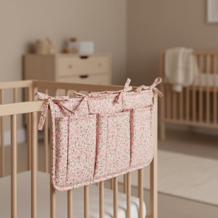 Windel-Organizer Fairy Floral von Little Dutch – rosa Stoff-Organizer mit Blumenmuster und drei Taschen für den Wickelplatz