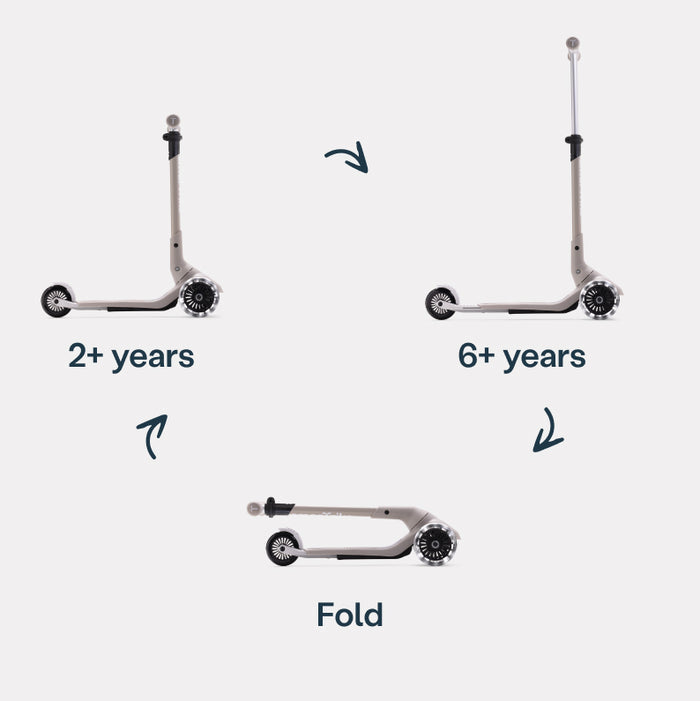 Xtend Mini+ Kinder Scooter in Beige, mitwachsend von 2 bis 6 Jahre und faltbar, ideal für langfristige Nutzung und flexible Anpassung an die Entwicklung des Kindes