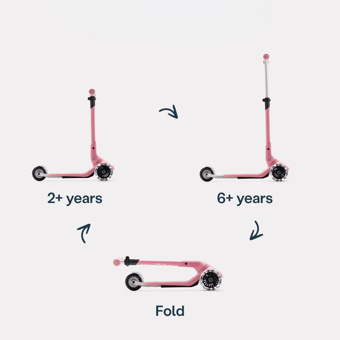 Xtend Mini+ Kinder Scooter in Rosa mit Klappfunktion, zeigt Nutzung ab 2 Jahren bis 6+ Jahre, faltbarer mitwachsender Kinderroller
