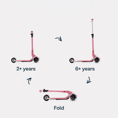 Xtend Mini+ Kinder Scooter in Rosa mit Klappfunktion, zeigt Nutzung ab 2 Jahren bis 6+ Jahre, faltbarer mitwachsender Kinderroller