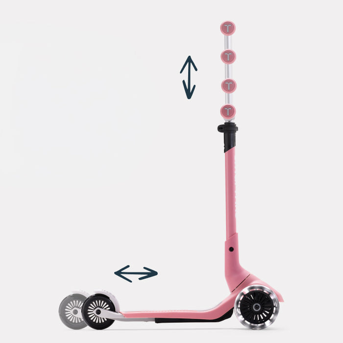 Xtend Mini+ Kinder Scooter in Rosa mit höhenverstellbarem Lenker und ausziehbarem Trittbrett, zeigt Anpassung an Wachstum und flexible Nutzung