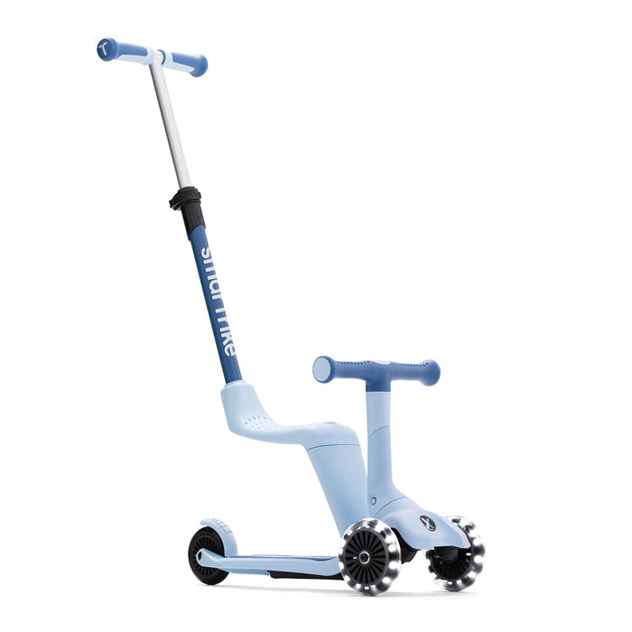 Kinder Scooter mit Sitz in Blau im Elternmodus mit Schiebestange für Kleinkinder ab 1 Jahr, sicher und stabil für erste Fahrversuche