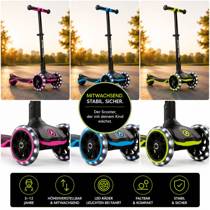 Mitwachsender Kinderroller mit LED-Rädern in Pink, Blau und Grün als Collage – stabiler Scooter für Kinder von 3 bis 12 Jahren mit höhenverstellbarem Lenker und klappbarer Funktion