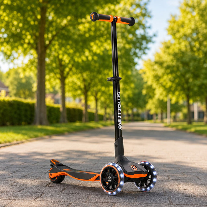 Mitwachsender Kinderroller in Orange mit LED-Rädern im Park – sicherer 3-Rad Scooter für Kinder mit hoher Sichtbarkeit und stabilem Fahrgefühl im Alltag