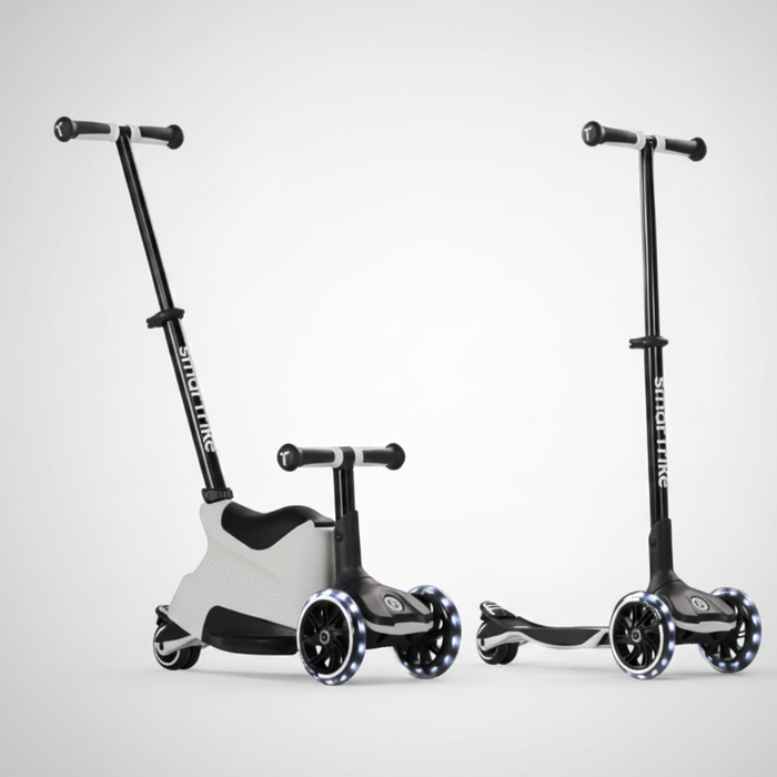 Mitwachsender Kinder Scooter mit Sitz und klassischer Scooter Variante, 4-in-1 umbaubar, LED Räder, geeignet ab 12 Monaten bis 12 Jahre