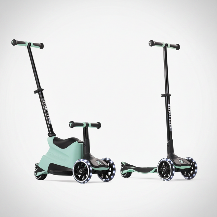 Mitwachsender Kinder Scooter 4 in 1 in Mint Grün – Ride-on mit Sitz und klassischer Scooter mit LED-Rädern für Kinder ab 12 Monaten bis 12 Jahre