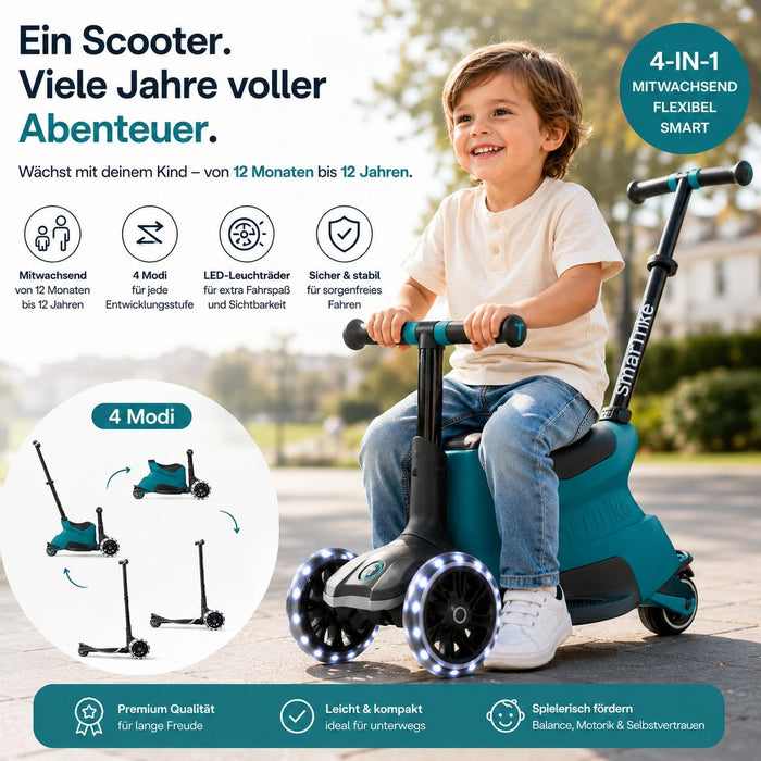 Kind fährt mitwachsender 4-in-1 Kinder Scooter mit LED Rädern im Outdoor Einsatz, geeignet von 12 Monaten bis 12 Jahre
